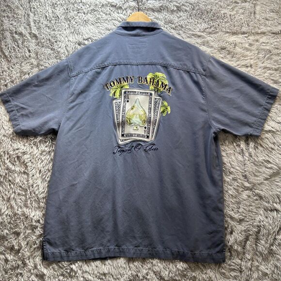 Tommy Bahama Hawaiian Camp Shirt Mens Large Silk O' Aces Embroidered Graphic - Picture 1 of 10